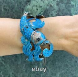 Vintage Blue Enamelled Mexican Sterling Silver Fish Bracelet by Margot de Taxco