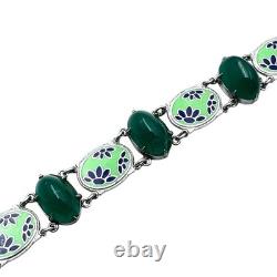 Vintage Blue Green Enamel Domed Glass Stone Silver Tone Bracelet 7 Inch