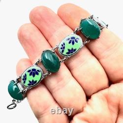 Vintage Blue Green Enamel Domed Glass Stone Silver Tone Bracelet 7 Inch