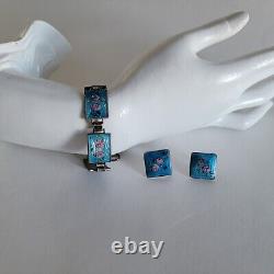 Vintage Blue Guilloche Enamel Pink Roses Link 925 Bracelet Earrings Set