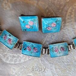 Vintage Blue Guilloche Enamel Pink Roses Link 925 Bracelet Earrings Set