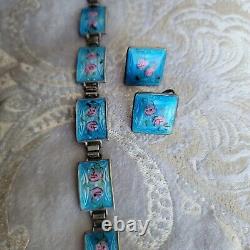 Vintage Blue Guilloche Enamel Pink Roses Link 925 Bracelet Earrings Set