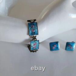 Vintage Blue Guilloche Enamel Pink Roses Link 925 Bracelet Earrings Set