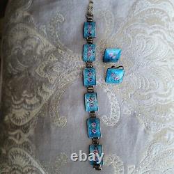 Vintage Blue Guilloche Enamel Pink Roses Link 925 Bracelet Earrings Set