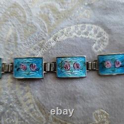 Vintage Blue Guilloche Enamel Pink Roses Link 925 Bracelet Earrings Set