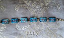 Vintage Blue Guilloche Enamel Pink Roses Link 925 Bracelet Earrings Set