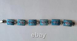 Vintage Blue Guilloche Enamel Pink Roses Link 925 Bracelet Earrings Set