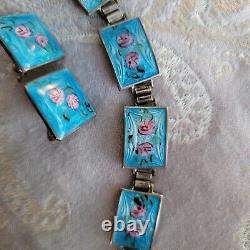 Vintage Blue Guilloche Enamel Pink Roses Link 925 Bracelet Earrings Set