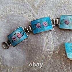 Vintage Blue Guilloche Enamel Pink Roses Link 925 Bracelet Earrings Set