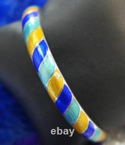 Vintage Blue Teal Yellow Enamel 0.925 Sterling Silver 7 3/4 Bangle Bracelet