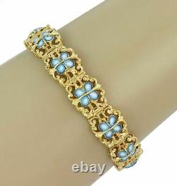 Vintage Blue White Enamel 13mm Wide Floral 18k Yellow Gold Link Bracelet