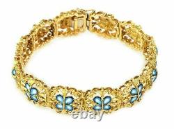 Vintage Blue White Enamel 13mm Wide Floral 18k Yellow Gold Link Bracelet