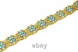Vintage Blue White Enamel 13mm Wide Floral 18k Yellow Gold Link Bracelet