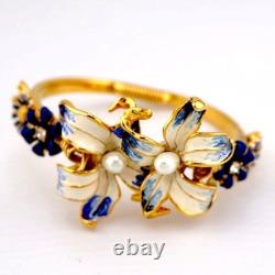Vintage Blue White Enamel Flower Bangle Bracelet Faux Pearl KJL Dreamtime Lily