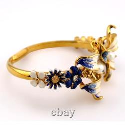 Vintage Blue White Enamel Flower Bangle Bracelet Faux Pearl KJL Dreamtime Lily