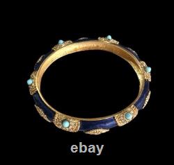 Vintage Boucher Blue Enamel & Gold-Tone Bracelet Glass Turquoise Cabochons