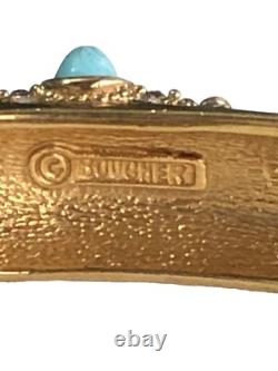 Vintage Boucher Blue Enamel & Gold-Tone Bracelet Glass Turquoise Cabochons