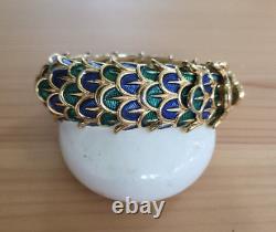 Vintage Boucher Peacock Feather Enamel Blue Green Stretch Bracelet Signed Rare