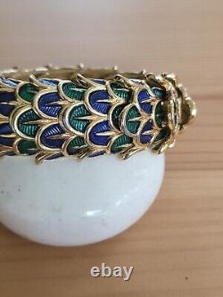 Vintage Boucher Peacock Feather Enamel Blue Green Stretch Bracelet Signed Rare