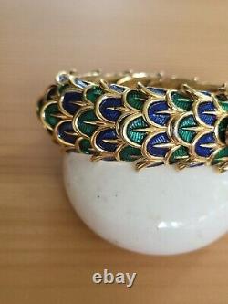 Vintage Boucher Peacock Feather Enamel Blue Green Stretch Bracelet Signed Rare