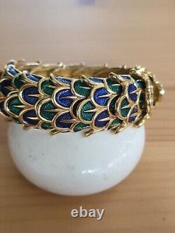 Vintage Boucher Peacock Feather Enamel Blue Green Stretch Bracelet Signed Rare