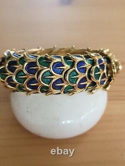 Vintage Boucher Peacock Feather Enamel Blue Green Stretch Bracelet Signed Rare