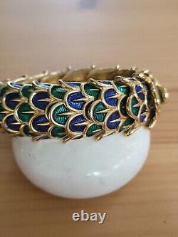 Vintage Boucher Peacock Feather Enamel Blue Green Stretch Bracelet Signed Rare