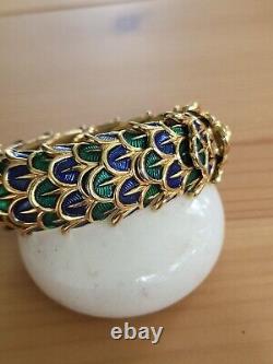 Vintage Boucher Peacock Feather Enamel Blue Green Stretch Bracelet Signed Rare