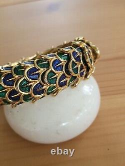 Vintage Boucher Peacock Feather Enamel Blue Green Stretch Bracelet Signed Rare