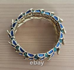 Vintage Boucher Peacock Feather Enamel Blue Green Stretch Bracelet Signed Rare