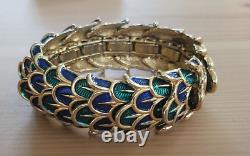 Vintage Boucher Peacock Feather Enamel Blue Green Stretch Bracelet Signed Rare