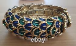 Vintage Boucher Peacock Feather Enamel Blue Green Stretch Bracelet Signed Rare