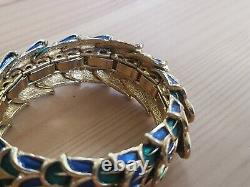 Vintage Boucher Peacock Feather Enamel Blue Green Stretch Bracelet Signed Rare