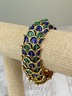 Vintage Boucher Peacock Feather Enamel Blue Green gold Stretch Bracelet 9127B