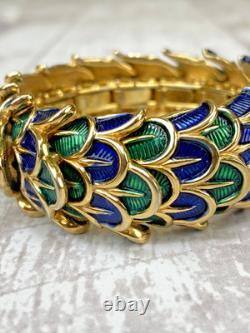 Vintage Boucher Peacock Feather Enamel Blue Green gold Stretch Bracelet 9127B