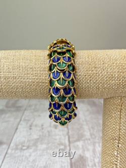 Vintage Boucher Peacock Feather Enamel Blue Green gold Stretch Bracelet 9127B
