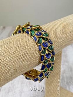Vintage Boucher Peacock Feather Enamel Blue Green gold Stretch Bracelet 9127B