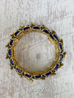 Vintage Boucher Peacock Feather Enamel Blue Green gold Stretch Bracelet 9127B