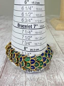 Vintage Boucher Peacock Feather Enamel Blue Green gold Stretch Bracelet 9127B