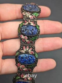 Vintage CHINA Chinese Export Carved Blue Lapis Stone Floral Enamel Bracelet READ