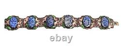 Vintage CHINA Chinese Export Carved Blue Lapis Stone Floral Enamel Bracelet READ