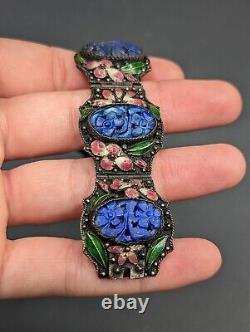 Vintage CHINA Chinese Export Carved Blue Lapis Stone Floral Enamel Bracelet READ