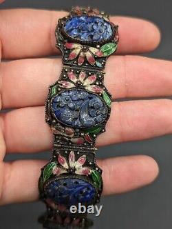 Vintage CHINA Chinese Export Carved Blue Lapis Stone Floral Enamel Bracelet READ