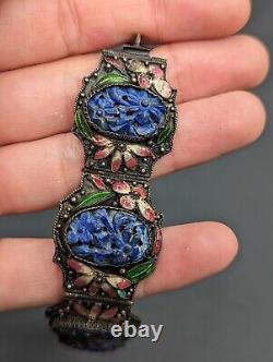 Vintage CHINA Chinese Export Carved Blue Lapis Stone Floral Enamel Bracelet READ