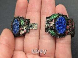 Vintage CHINA Chinese Export Carved Blue Lapis Stone Floral Enamel Bracelet READ