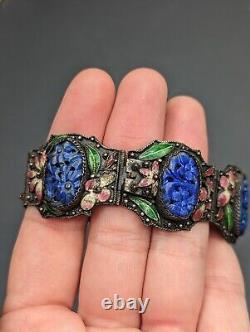 Vintage CHINA Chinese Export Carved Blue Lapis Stone Floral Enamel Bracelet READ