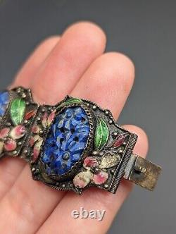 Vintage CHINA Chinese Export Carved Blue Lapis Stone Floral Enamel Bracelet READ