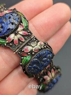 Vintage CHINA Chinese Export Carved Blue Lapis Stone Floral Enamel Bracelet READ