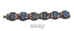 Vintage CHINA Chinese Export Carved Blue Lapis Stone Floral Enamel Bracelet READ