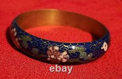 Vintage CHINESE Cloisonne Royal Blue Enamel Flowers & Blackbird Bangle Bracelet